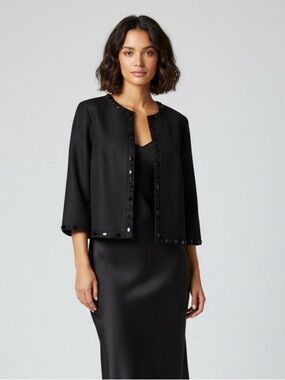 Sigrid Olsen Black Beaded Linen Cotton Blend Suit Separate Open Jacket Size 14